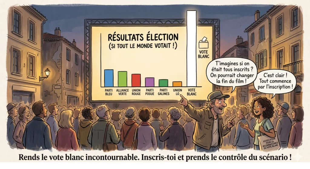 Une foule assiste à des résultats de premier tour sur une place et le vote blanc est en tête